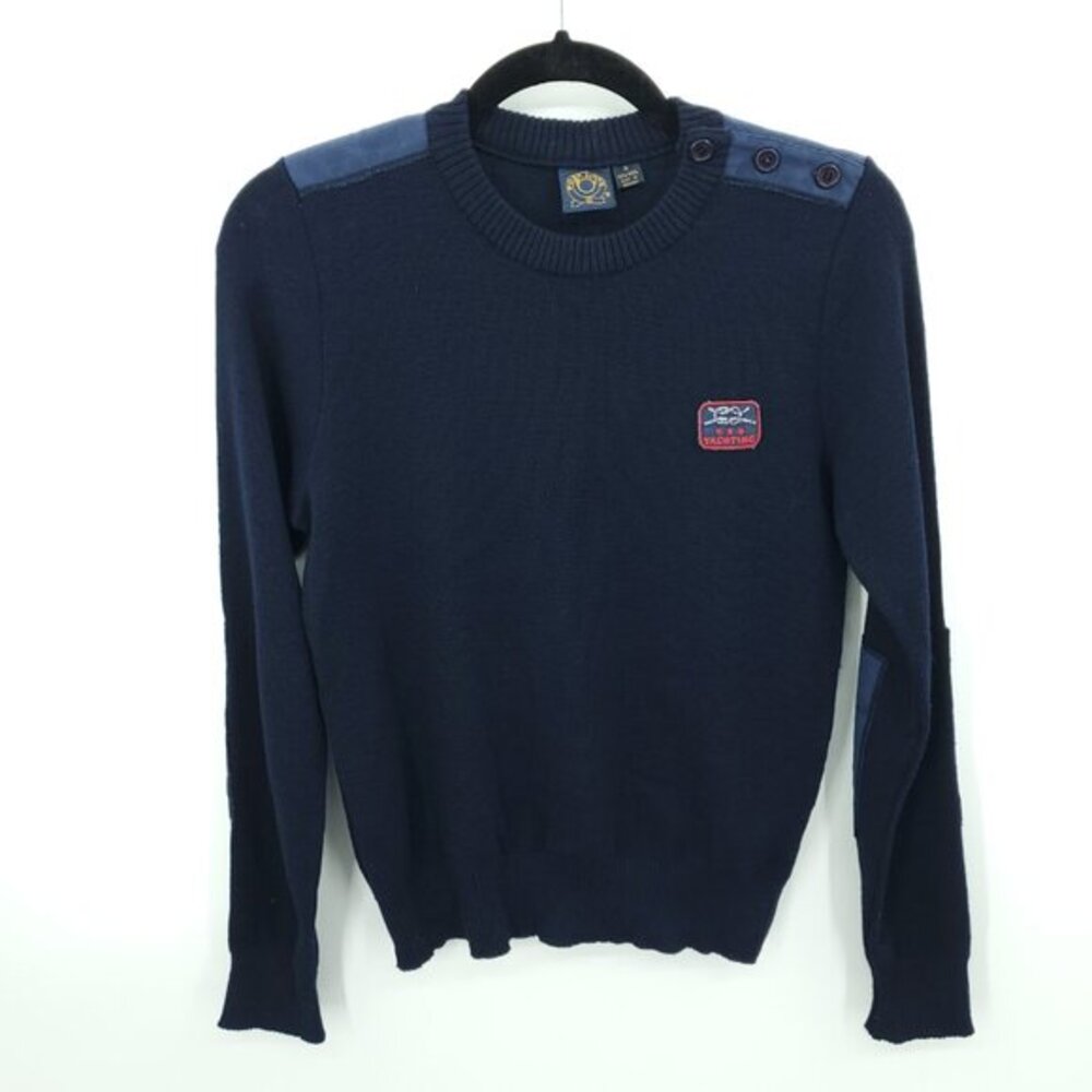 Men's VTG Post Horn "Yachting" Embroidery Wool Elbow Patch Sweater S Navy Blue